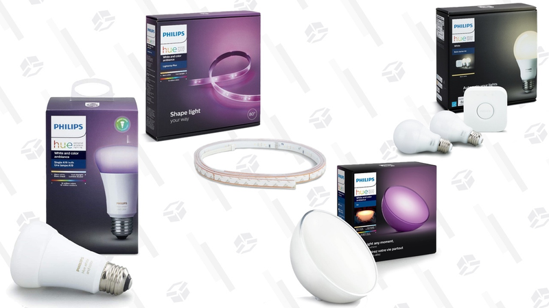Philips Hue Blanco y color de ambiente | $37 | AmazonEquivalente de 60W blanco y color de ambiente Foco LED con control de brillo | $42 | AmazonPack de inicio con dos luces Philips Hue | $55 | AmazonPack de 4 luces Philips Hue | $40 | AmazonPack de 2 luces de ambiente Philips Hue | $35 | AmazonTira de luces Philips Hue blanca y color de ambiente | $65 | AmazonVela decorativa de 40W Philips Hue LED con control de brillo | $35 | AmazonPhilips Hue Go luz portátil blanca y de color | $63 | AmazonGráfico: Shep McAllister